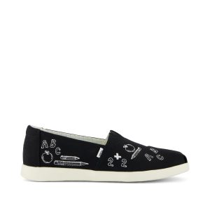 Womens Alpargata Plus Black Slub Woven with Back To School Doodle Embroidery